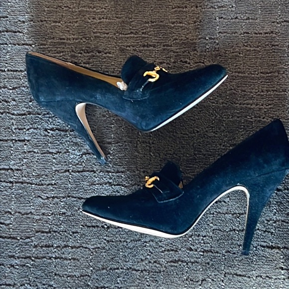 Vintage Colin Stuart black suede gold accent buckle loafer style heels pumps 7.5 - Picture 7 of 16